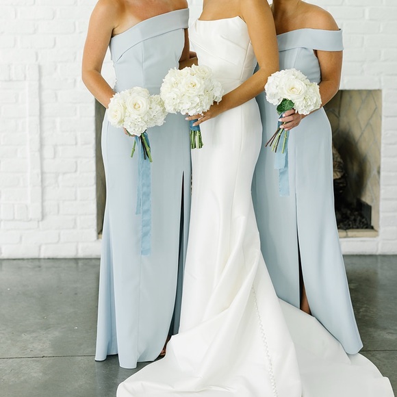 AFTER SIX ASYMMETRICAL OFF-THE-SHOULDER CUFF TRUMPET GOWN FRONT SLIT IN MIST - Picture 5 of 7